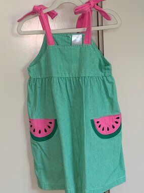 Stitchy Fish Watermelon Pocket Dress Green Gingham Tie Strap Size 5